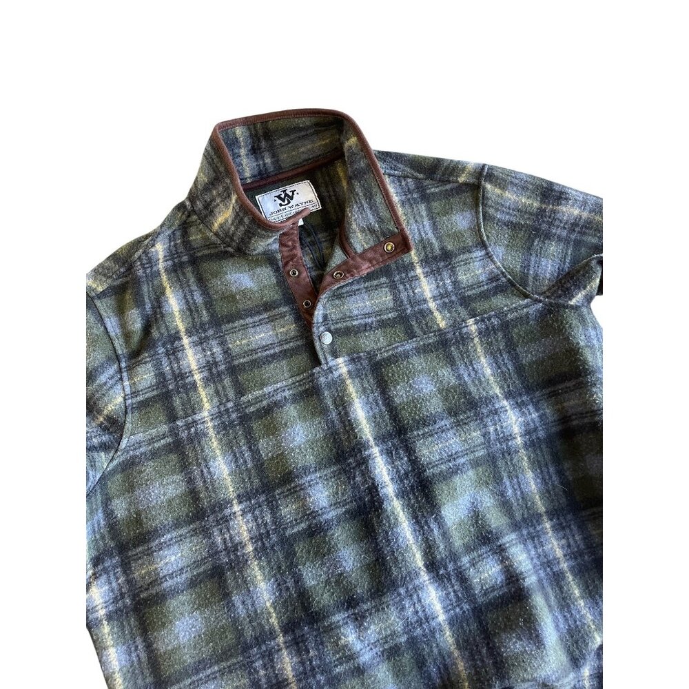 John Wayne 2XL Green & Gray Plaid Pullover Shirt With Leather Trim Wool Blend